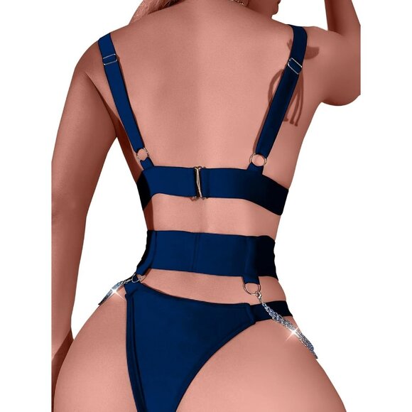 Women's Navy Blue Sexy Chain Strappy Garter Belt Lingerie Set Rave Outfits - Picture 2 of 5